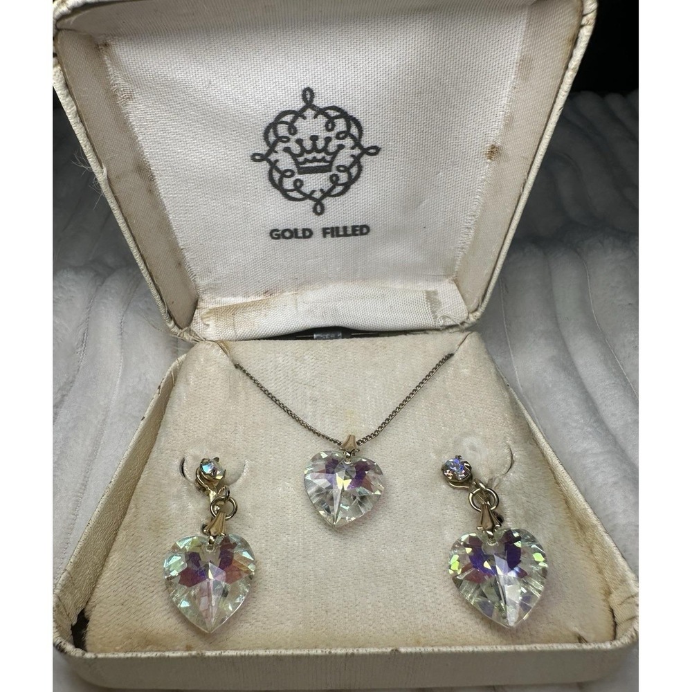 Vintage 12K Gold Filled AB Crystal Heart Pendant Necklace & Dangle Earring Set